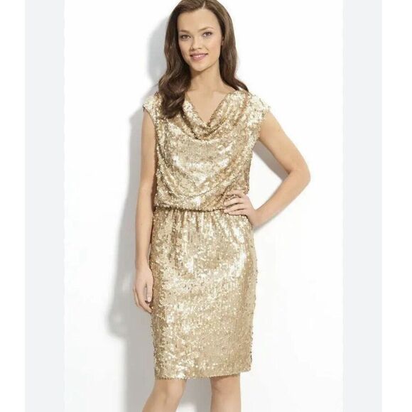 NWT Eliza J Gold Sequin Cocktail Draped Neck Party Dress Size 6 - Picture 1 of 12
